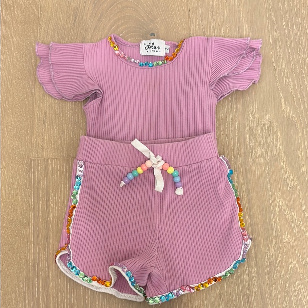 Lola and the Boys 2T Pink Ribbed Shorts with Floral Ruffle Set Rhinestone